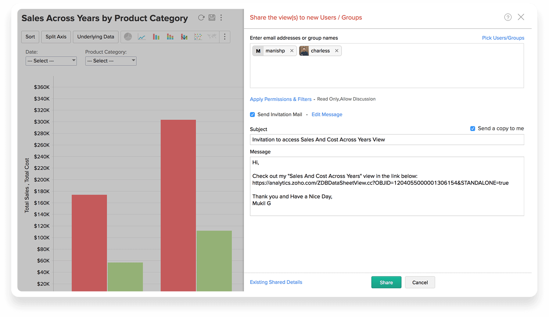 Partage et collaboration Collaborez en ligne avec l'outil de visualisation des données Zoho Analytics