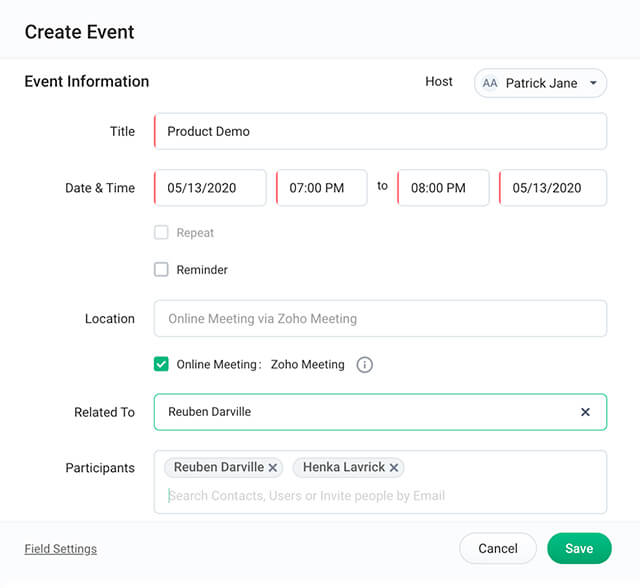 Bigin screenshot of a meeting being scheduled with Zoho Meeting with other related fields like time and participants–Bigin by Zoho CRM