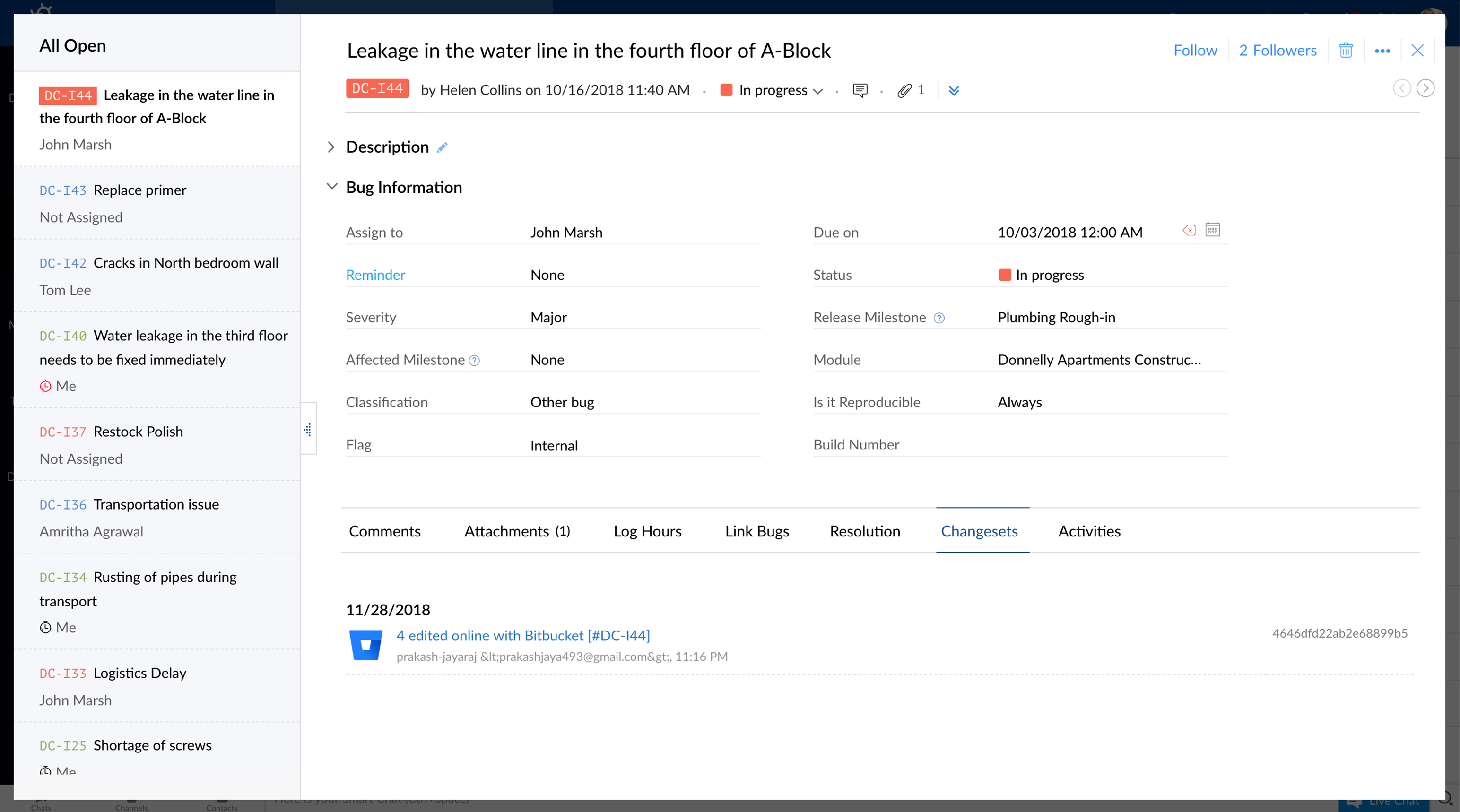 Changesets view in Bugtracker