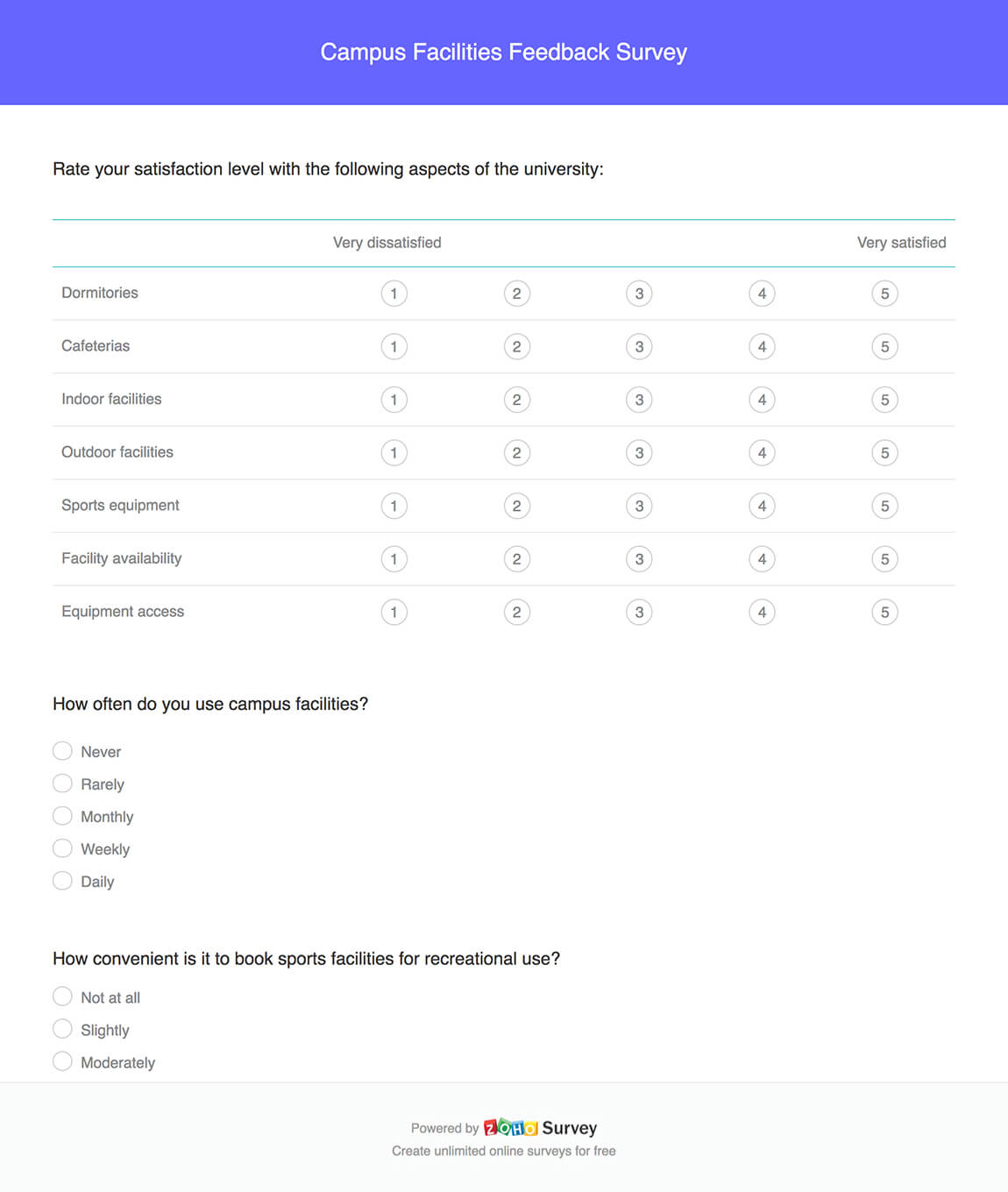 Campus facilities feedback survey questionnaire template
