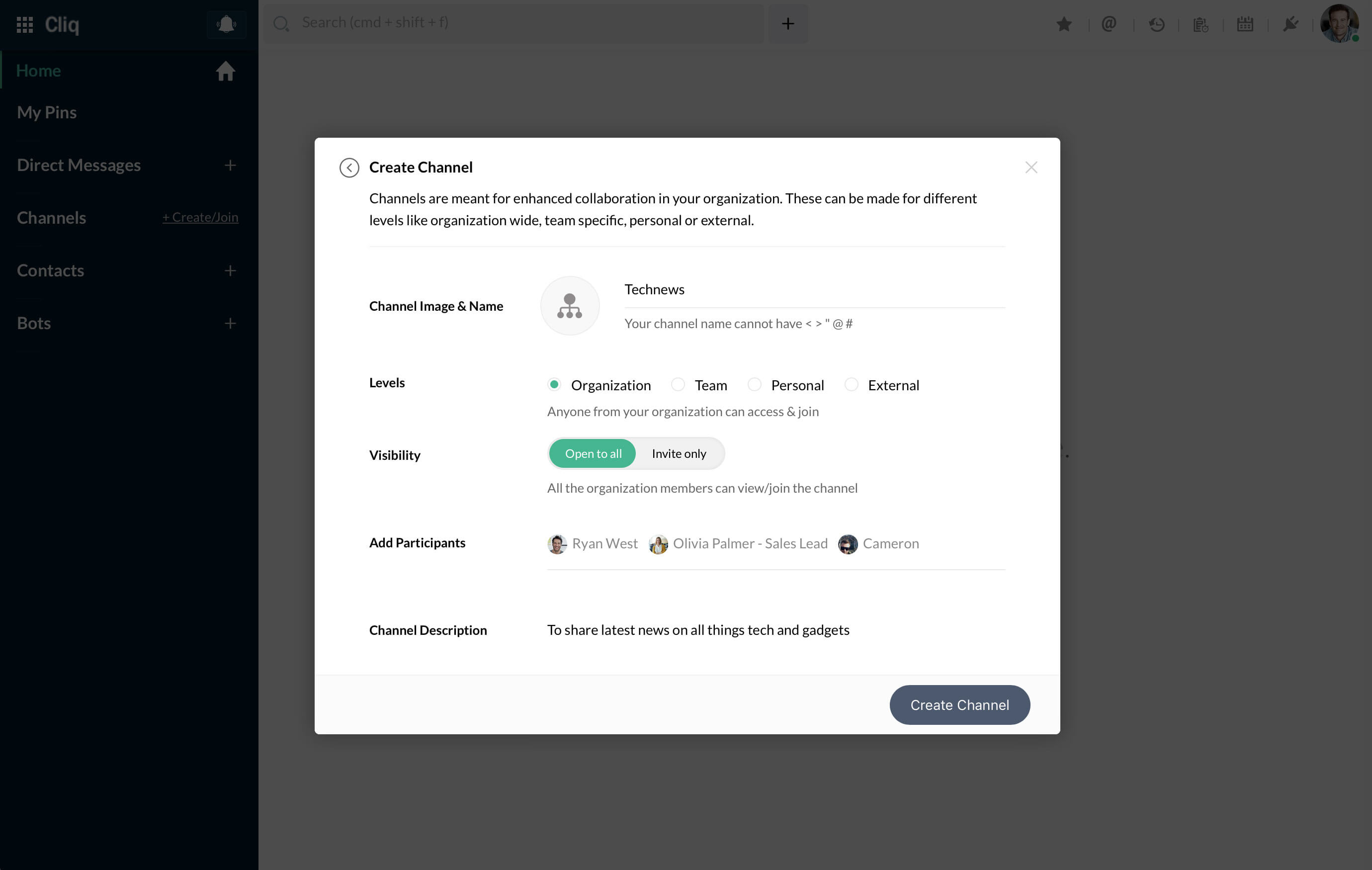 zoho cliq create a channel