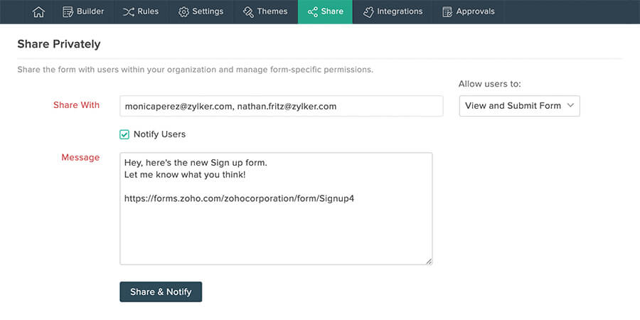 Screenshot showing two fields to share your forms and send a message to invite collaborators–Bigin by Zoho CRM.