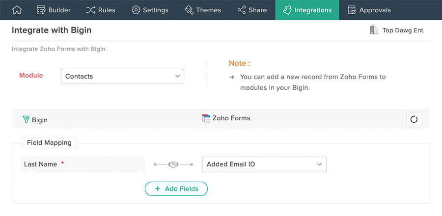 Field mapping between Bigin and Zoho Form fields–Bigin by Zoho CRM.