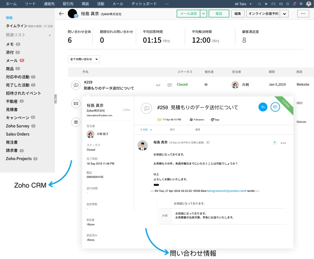CRM 脱エクセル:ヘルプデスクツール「Zoho Desk 」との連携画面
