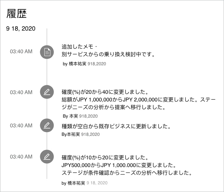 CRM 脱エクセル:履歴画面