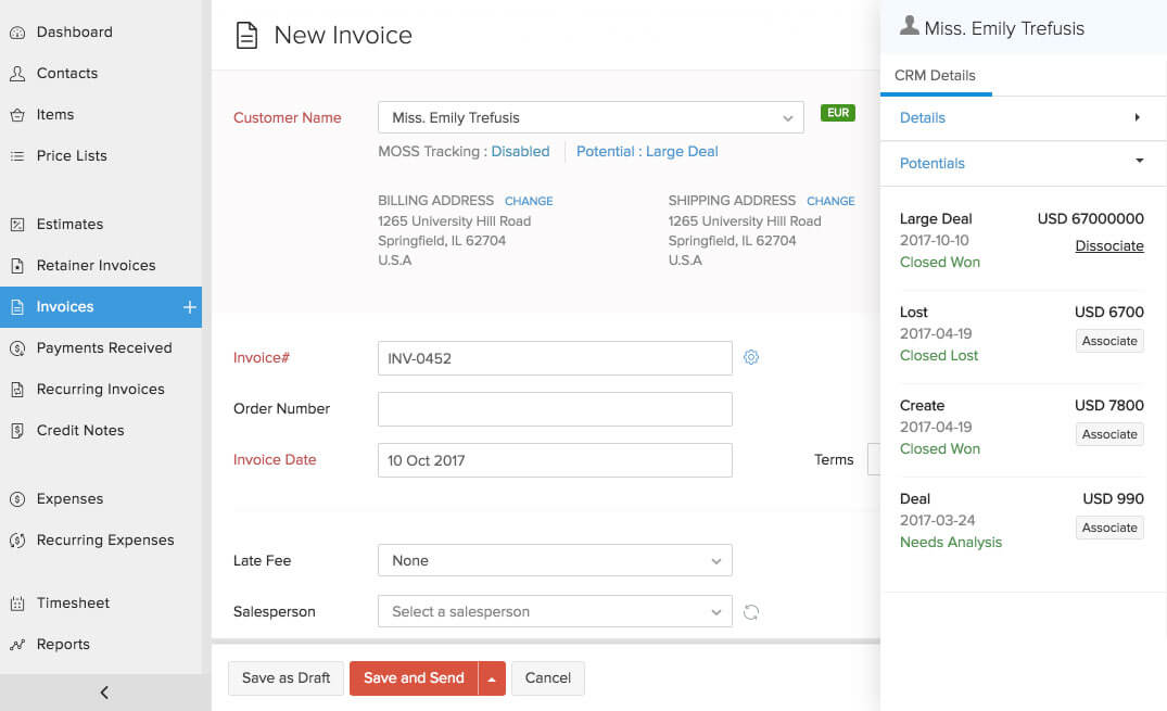 Create invoices and send them to CRM contacts with Zoho Invoice