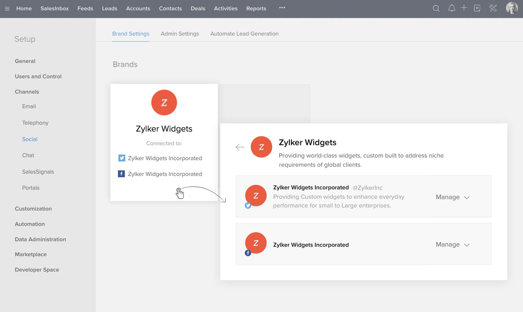 Intégration à plusieurs plateformes de réseaux sociaux : connectez Zoho CRM à Facebook et twitter