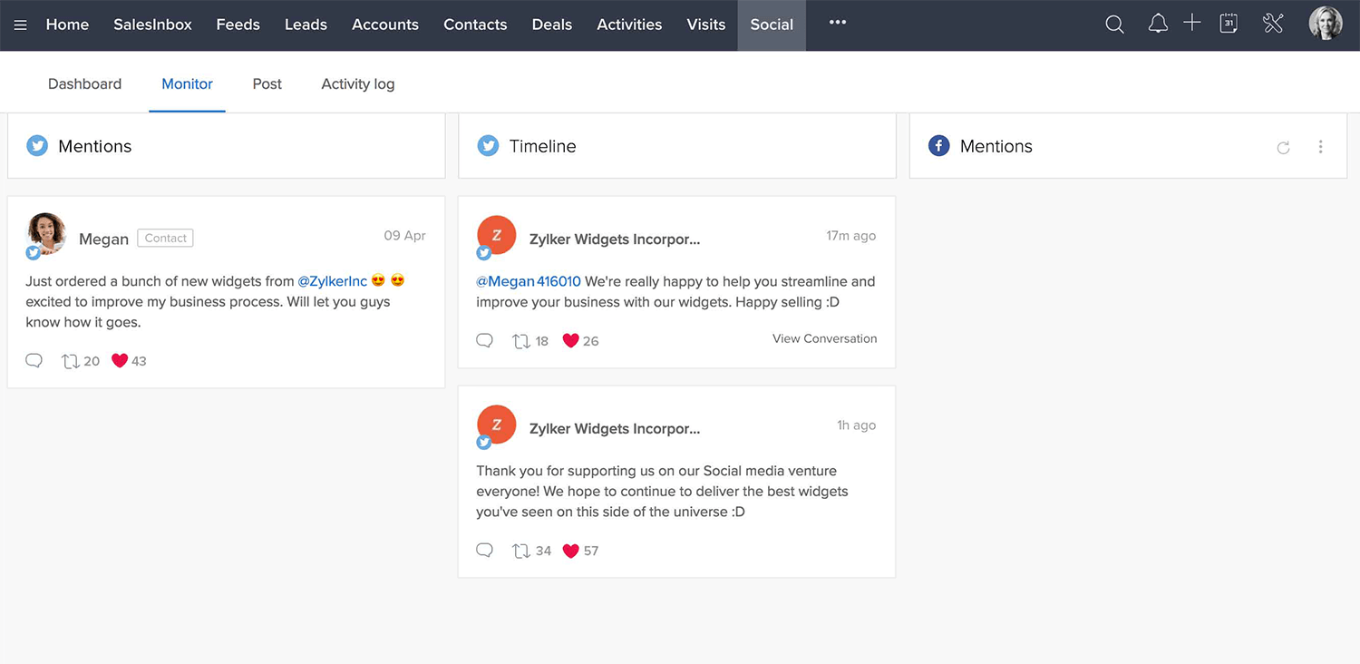 Surveillance sur les réseaux sociaux : suivez les conversations de vos prospects et vos clients sur les réseaux sociaux depuis Zoho CRM