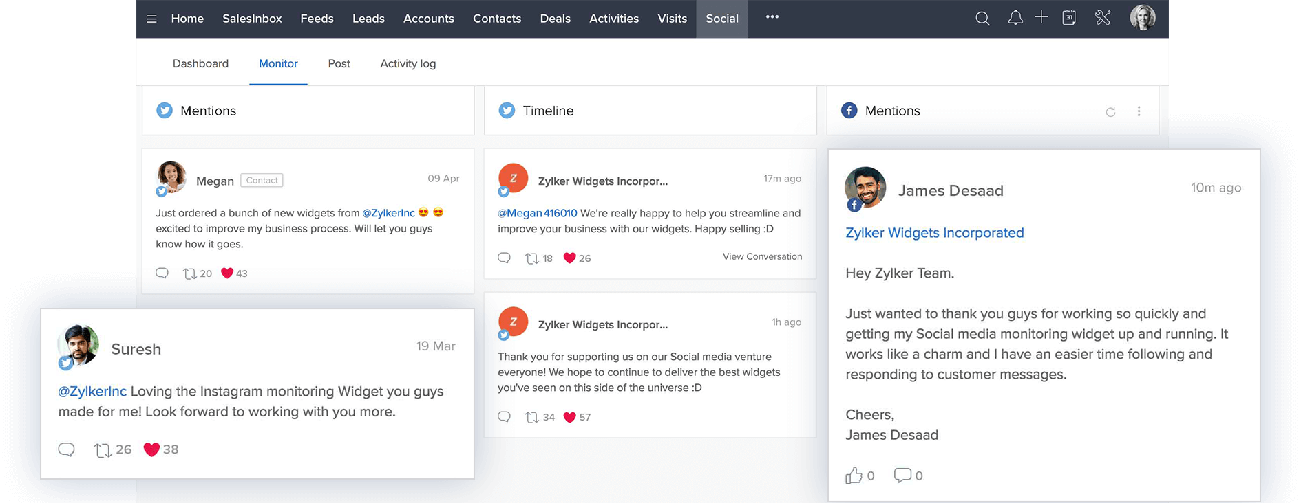 Surveillance sur les réseaux sociaux : suivez les conversations de vos prospects et vos clients sur les réseaux sociaux depuis Zoho CRM