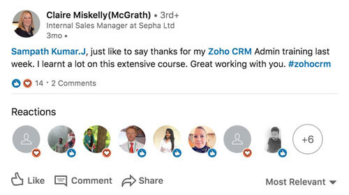 A Linkedin post by Claire Miskelly who is thankful to the trainer Sampath Kumar for the Zoho CRM admin training.