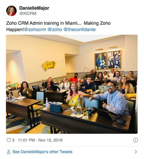 A tweet by Danielle Major about the Zoho CRM training she is attending in Miami