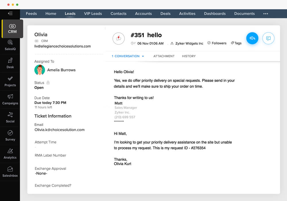 Responda aos tíquetes dos clientes a partir do CRM