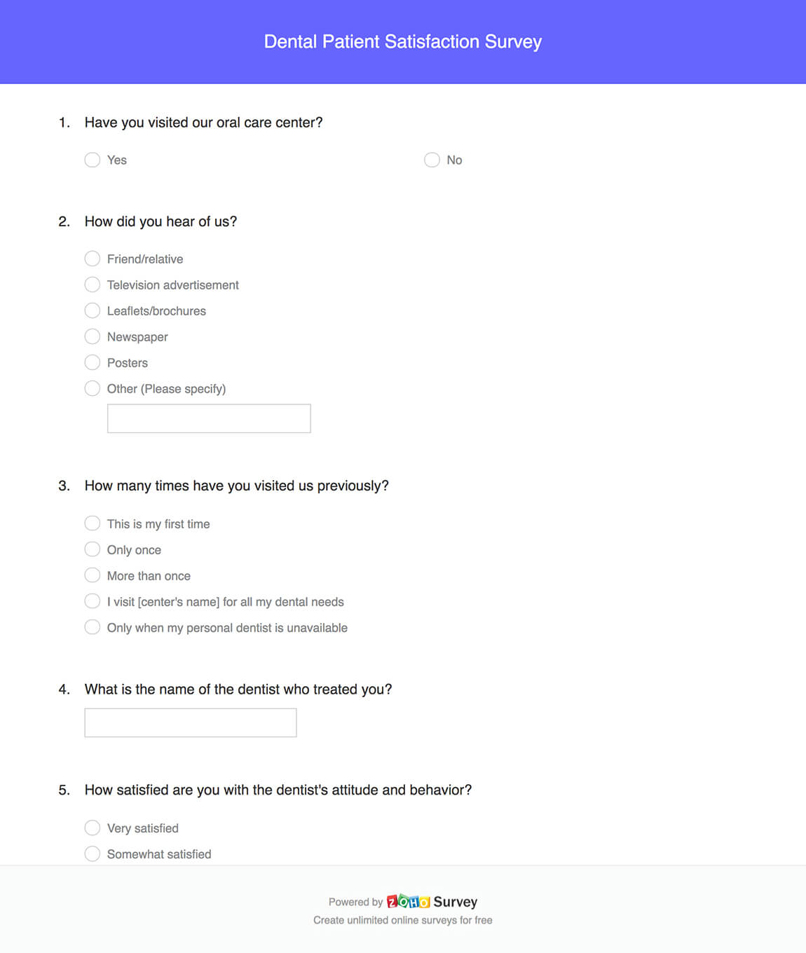 Dental patient satisfaction survey questionnaire template