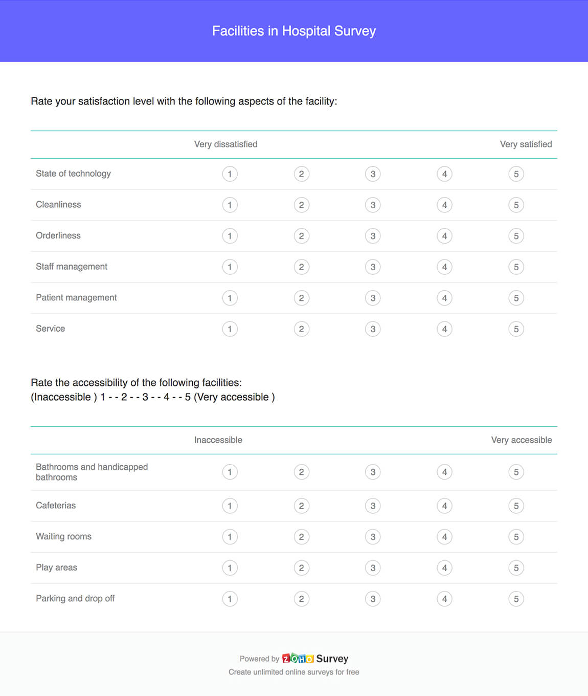 Facilities in hospital survey questionnaire template