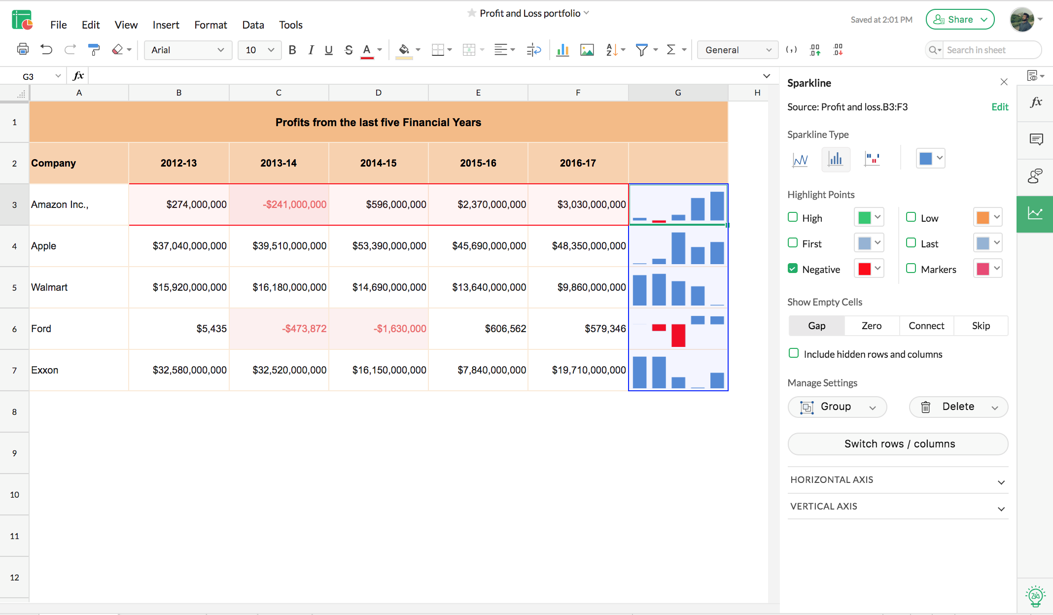 Sparklines: In-cell charts.