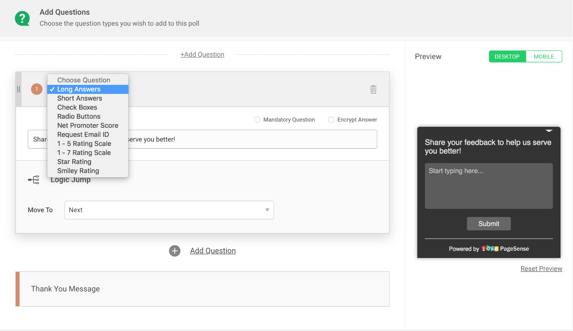 Choose between question types in PageSense polls