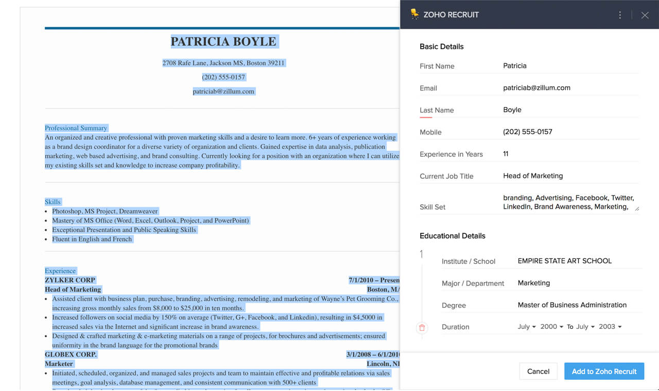 Extract and Manage the resumes effectively - Human Capital Management | Zoho Recruit