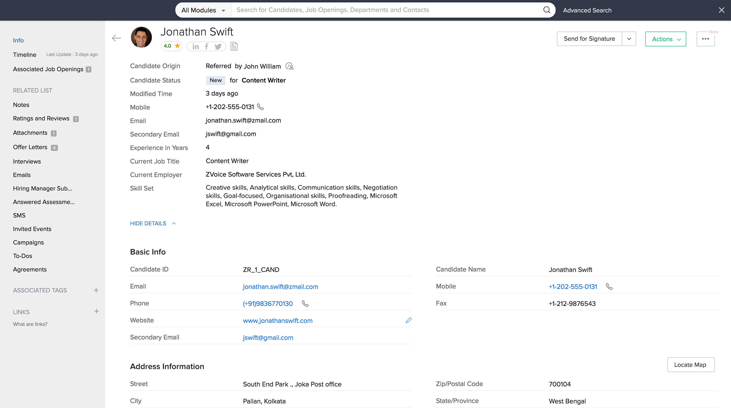Rich Candidate Profile - Candidate Management - Zoho Recruit