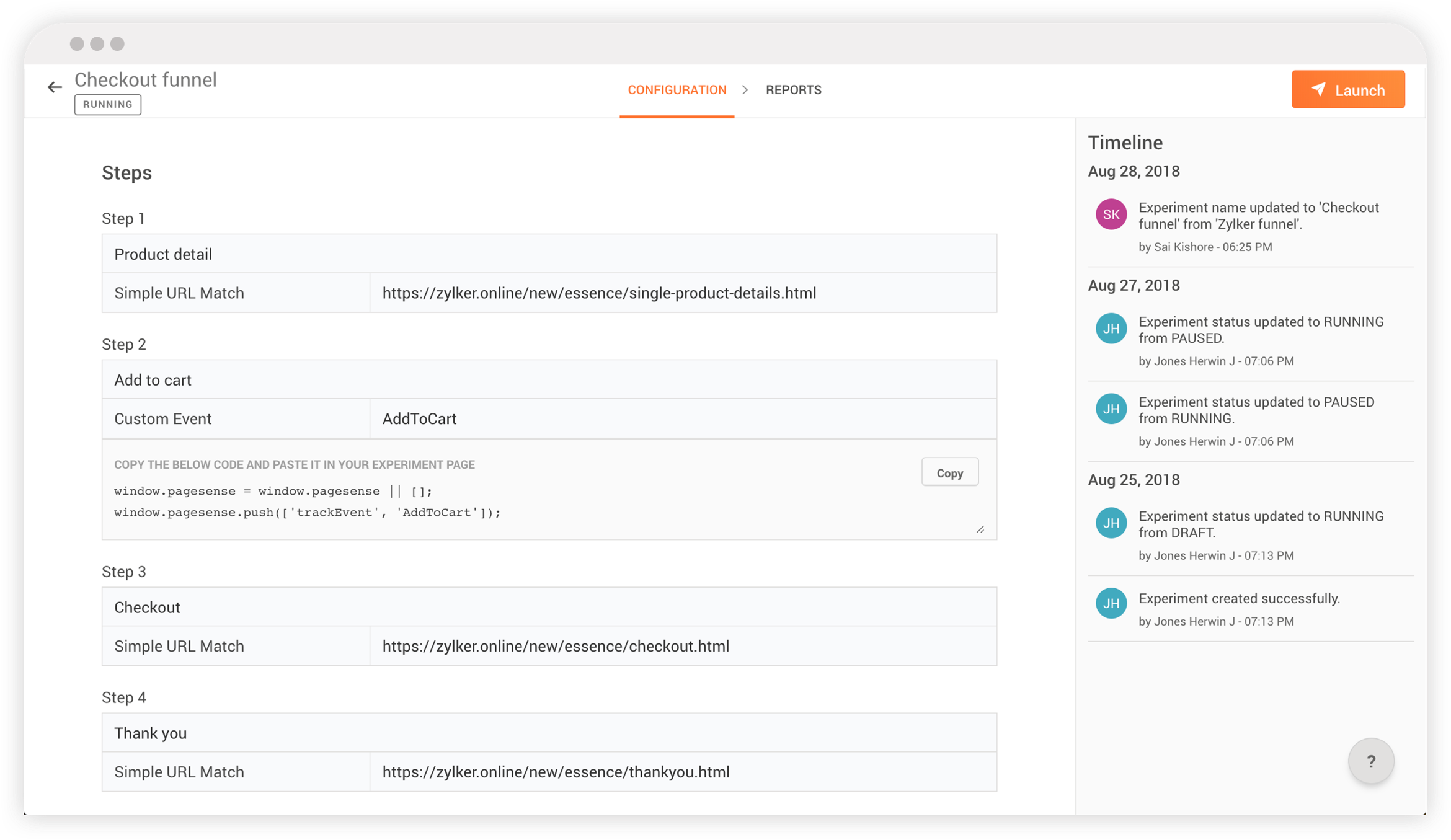 Adding steps to funnel analysis experiment in Zoho PageSense