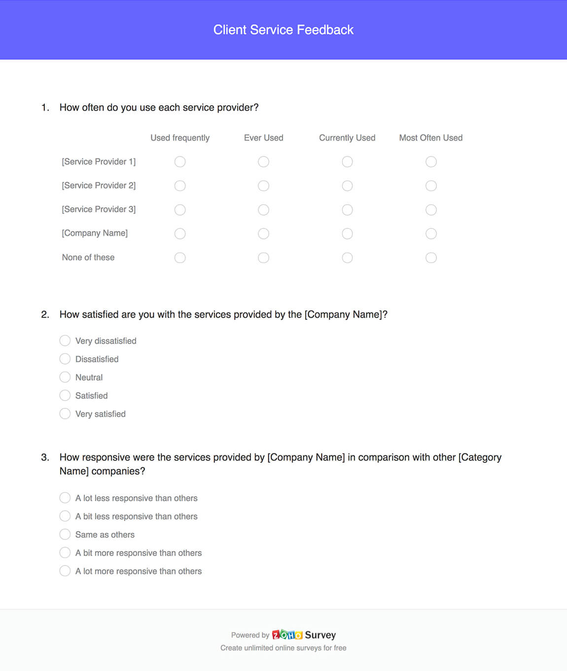 client service feedback survey questionnaire template
