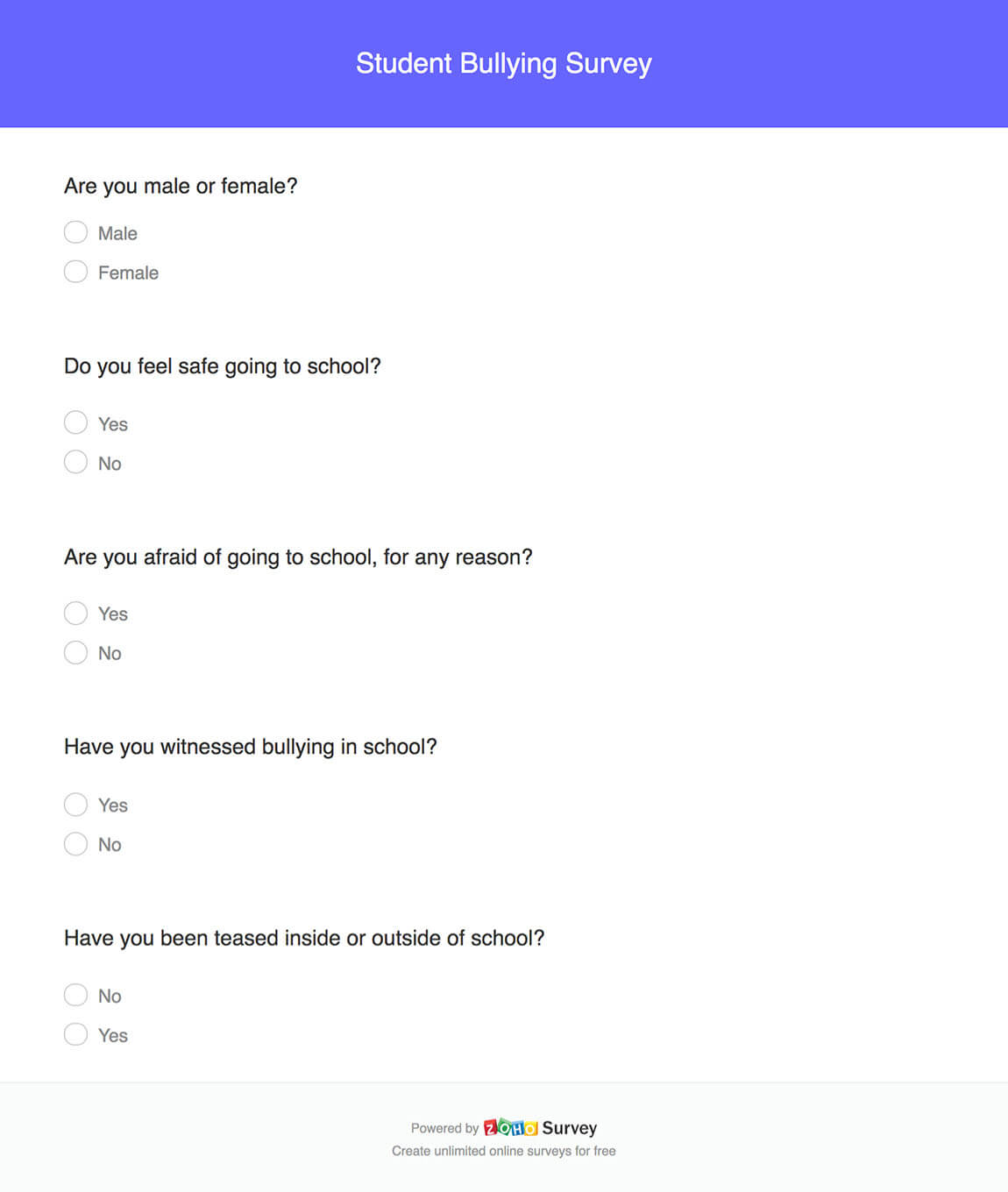 student bullying survey questionnaire template