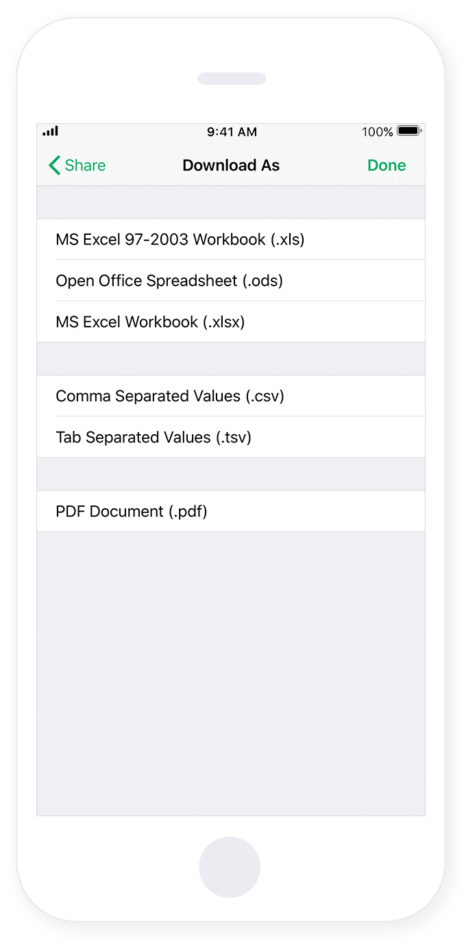Export your spreadsheets as Excel, CSV, TSV, and PDF files