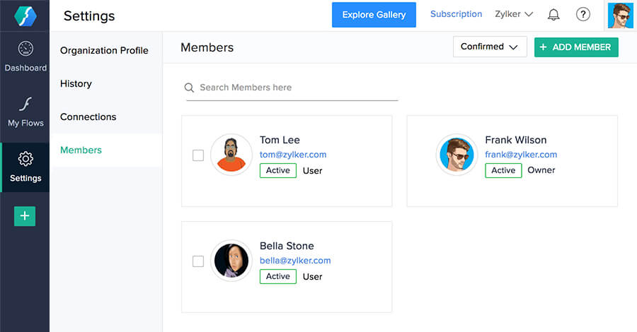 Screenshot of the Members page in Zoho Flow's Settings where you can add other Bigin users–Bigin by Zoho CRM.