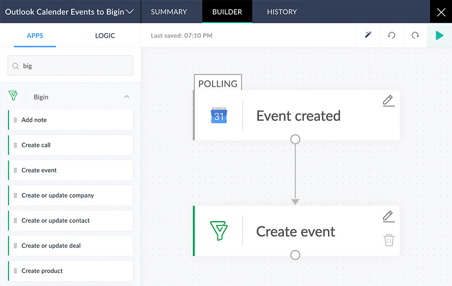 Screenshot of a flow being built between Outlook and Bigin using Zoho Flow–Bigin by Zoho CRM.