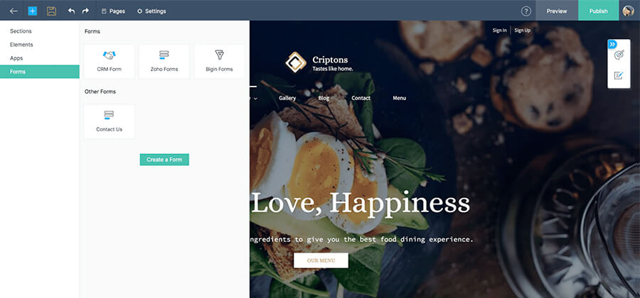 Screenshot of Bigin forms being embedded in Zoho Sites–Bigin by Zoho CRM.