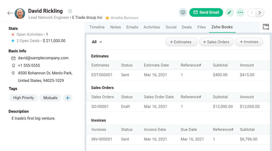 Screenshot from Bigin displaying the integrated Finance screen inside a contact's details page with options to add new estimates, sales orders and invoices–Bigin by Zoho CRM.