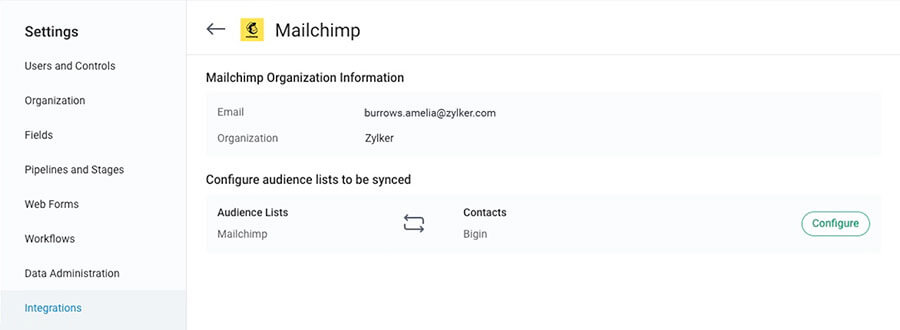 Screenshot of mailchimp integration inside Bigin–Bigin by Zoho CRM.