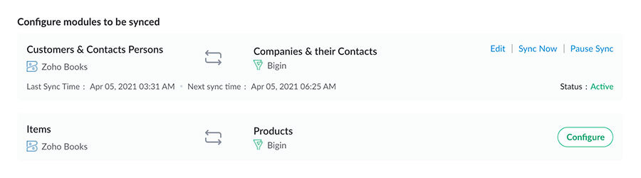Image showing a screen to map fields between your Bigin and Zoho Books accounts–Bigin by Zoho CRM.