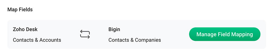 Screenshot of field mapping between Zoho Desk and Bigin available inside Bigin's Settings–Bigin by Zoho CRM.