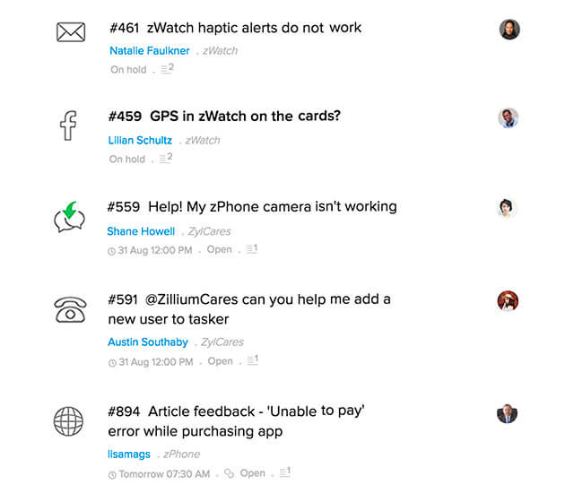 Screenshot of tickets raised through multiple platforms like Email, social media or phone calls, listed homogeneously–Bigin by Zoho CRM.