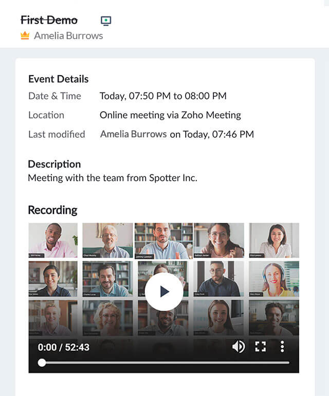Screenshot of a meeting record stored–Bigin by Zoho CRM.