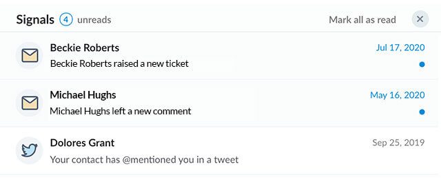 Screenshot of signals displaying tickets raised as notifications inside Bigin–Bigin by Zoho CRM.