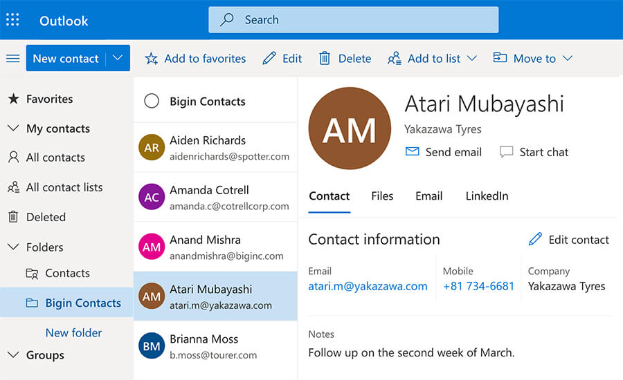 Screenshot showing a folder named Bigin contacts inside Microsoft Outlook–Bigin by Zoho CRM.