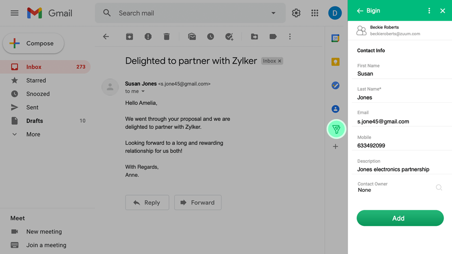 Creation of a new record in Bigin from Gmail window