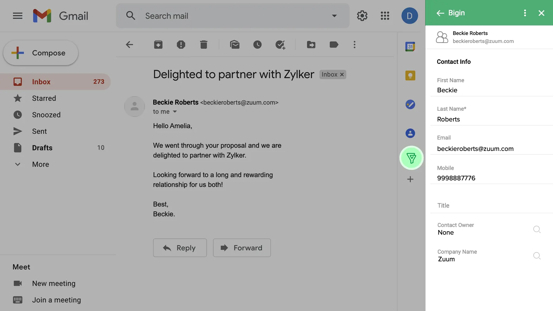 Bigin add on appearing next Gmail–Bigin by Zoho CRM.