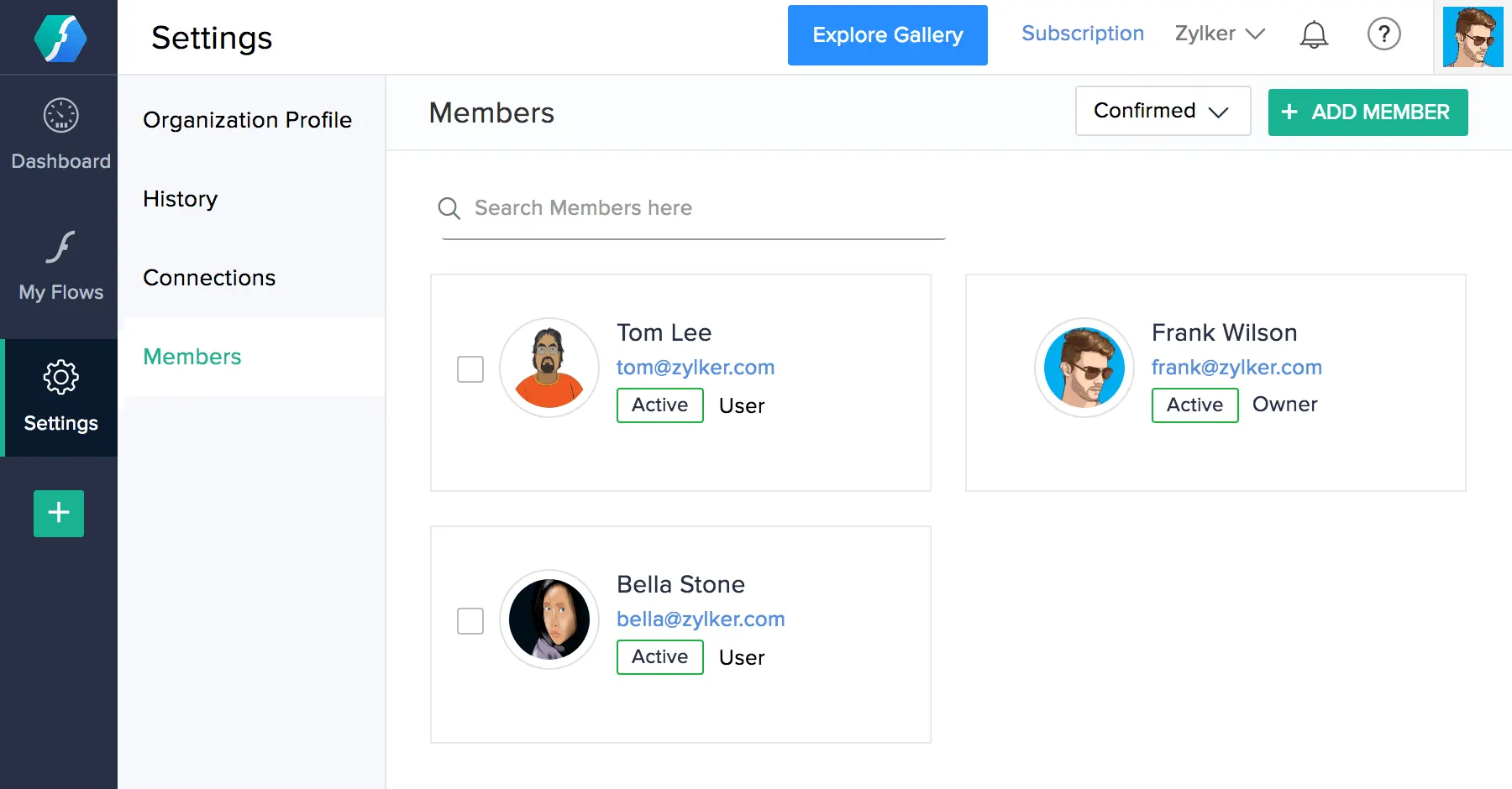 Screenshot of the Members page in Zoho Flow's Settings where you can add other Bigin users–Bigin by Zoho CRM.