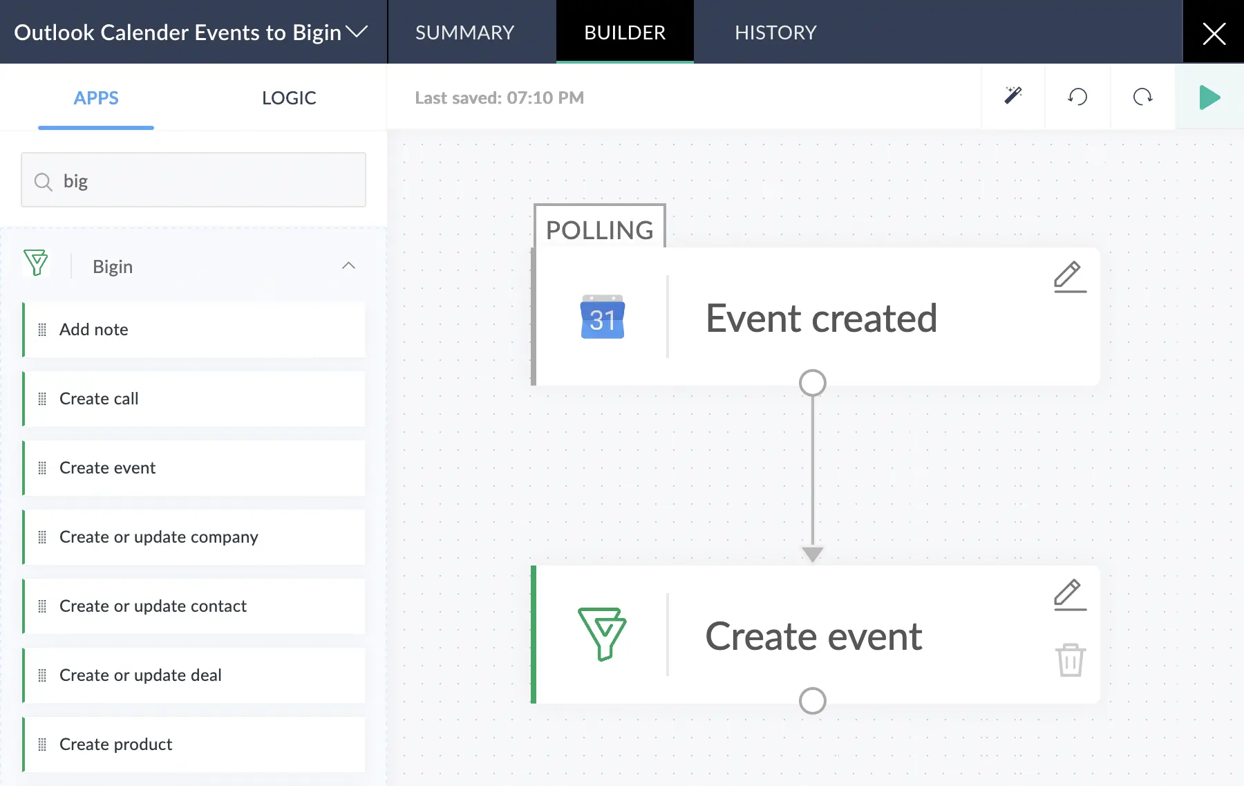 Screenshot of a flow being built between Outlook and Bigin using Zoho Flow–Bigin by Zoho CRM.