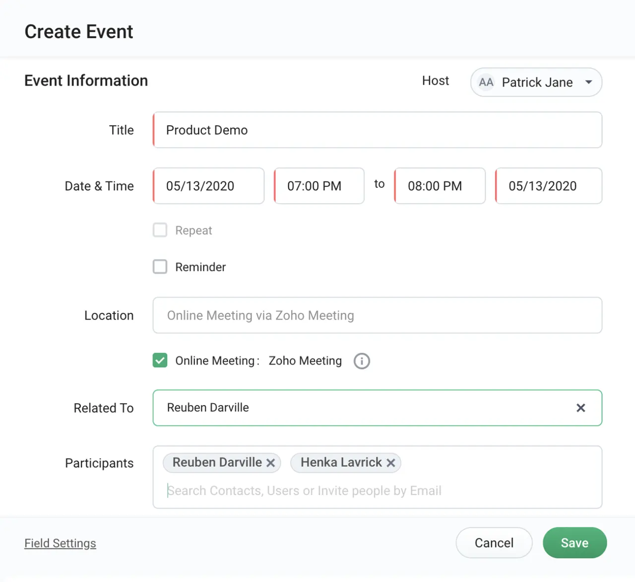 Bigin screenshot of a meeting being scheduled with Zoho Meeting with other related fields like time and participants–Bigin by Zoho CRM