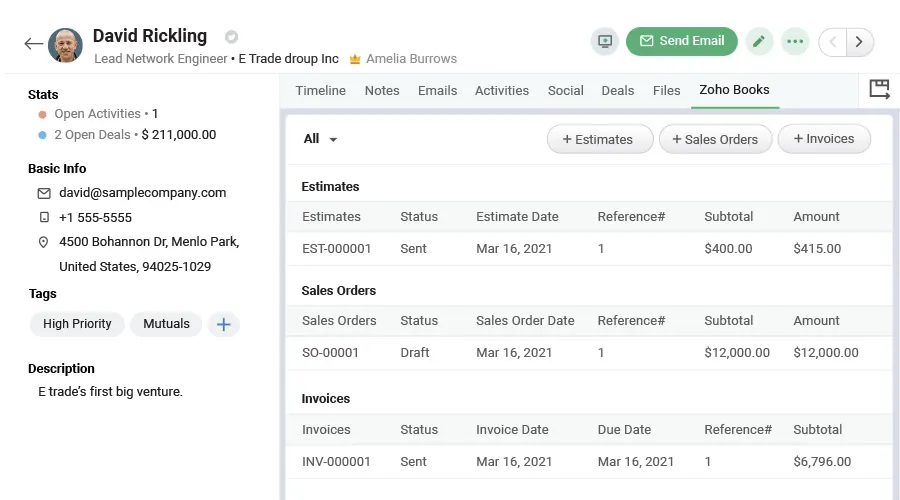 Screenshot from Bigin displaying the integrated Finance screen inside a contact's details page with options to add new estimates, sales orders and invoices–Bigin by Zoho CRM.