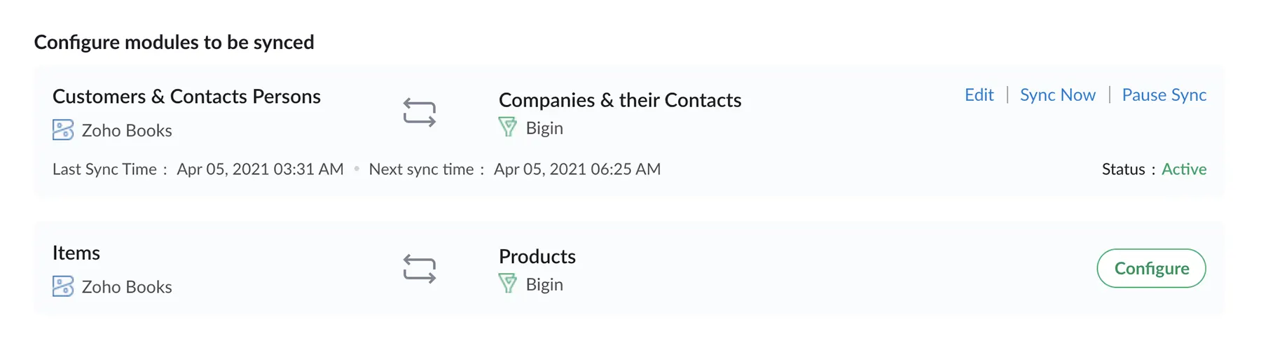 Image showing a screen to map fields between your Bigin and Zoho Books accounts–Bigin by Zoho CRM.