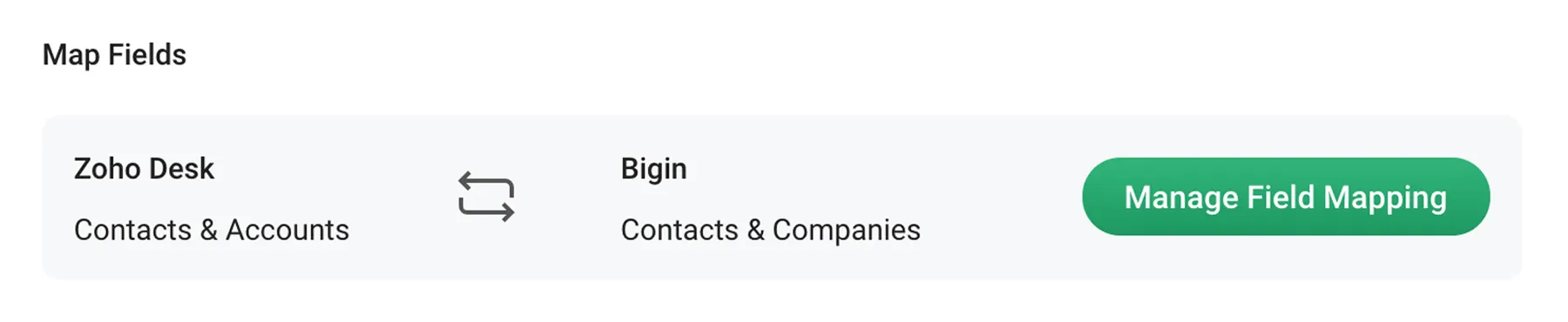 Screenshot of field mapping between Zoho Desk and Bigin available inside Bigin's Settings–Bigin by Zoho CRM.