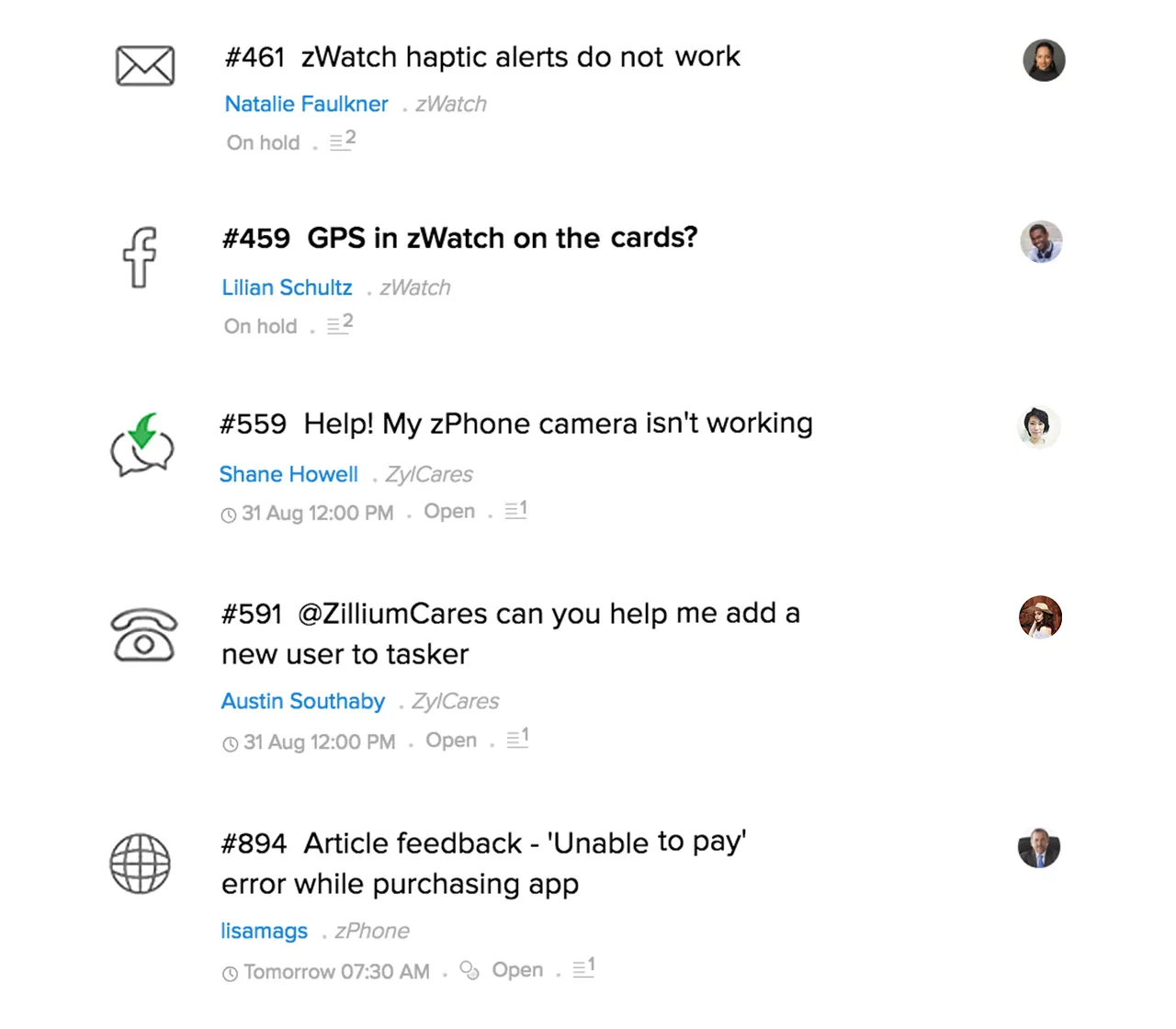 Screenshot of tickets raised through multiple platforms like Email, social media or phone calls, listed homogeneously–Bigin by Zoho CRM.