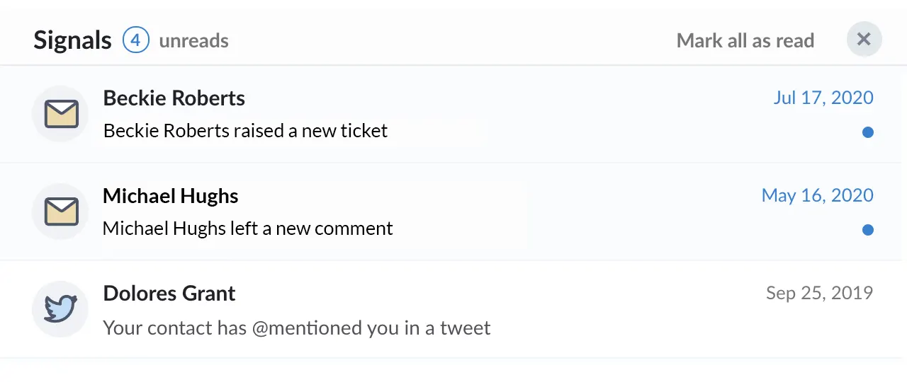 Screenshot of signals displaying tickets raised as notifications inside Bigin–Bigin by Zoho CRM.