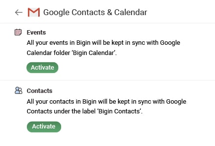 Screen depicting the integration of Google Events with Bigin to sync schedules on to Google Calendar–Bigin By Zoho CRM.