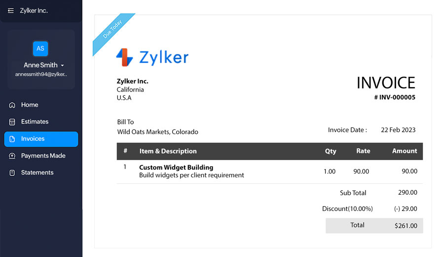 Custom invoice generated using Bigin