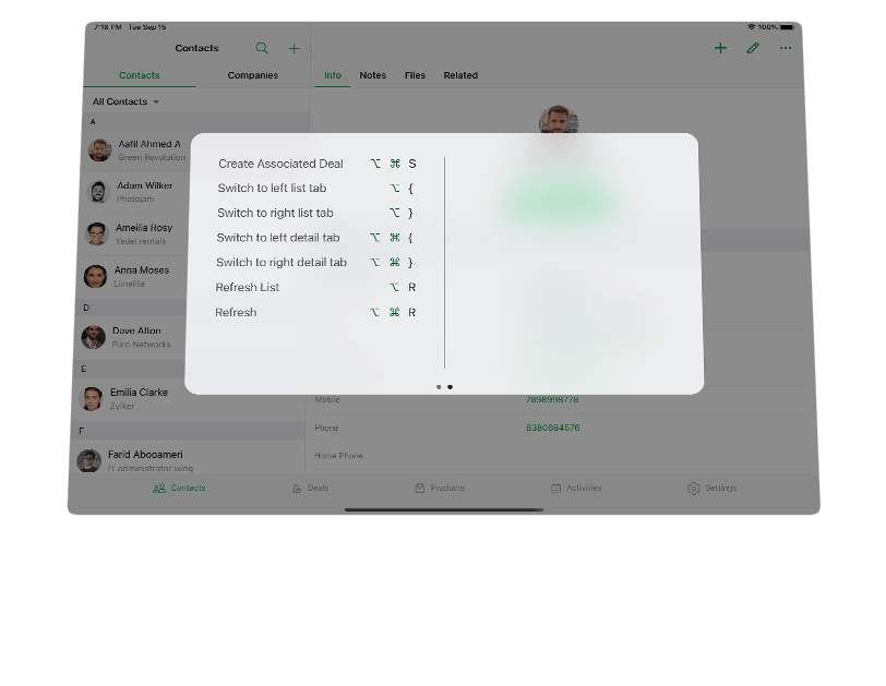 iPad keyboard shortcuts in CRM - Bigin by Zoho CRM